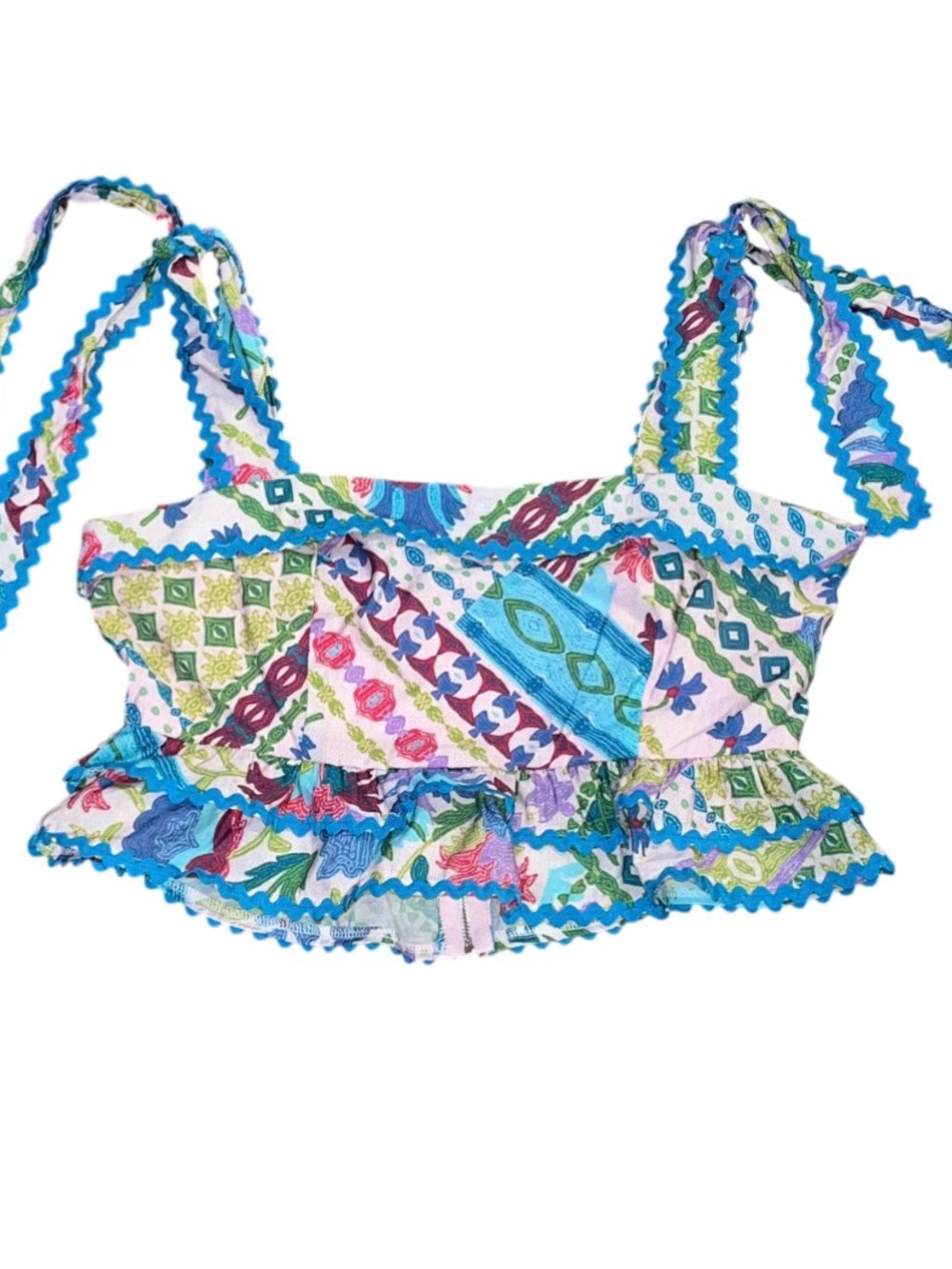 TCEC Blue Green Pink Crop Ruffle Tank Top Smocked Tie NWT Boho Large Festival